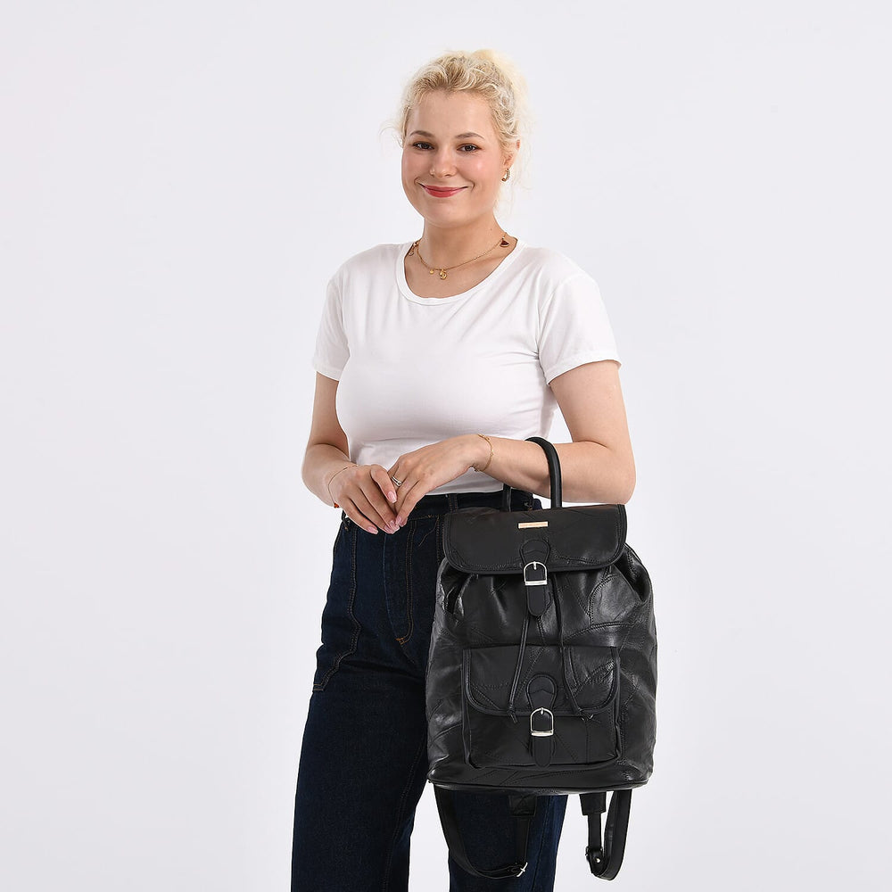 100%  Genuine Leather Classic Shoulder Large  Backpack - Black