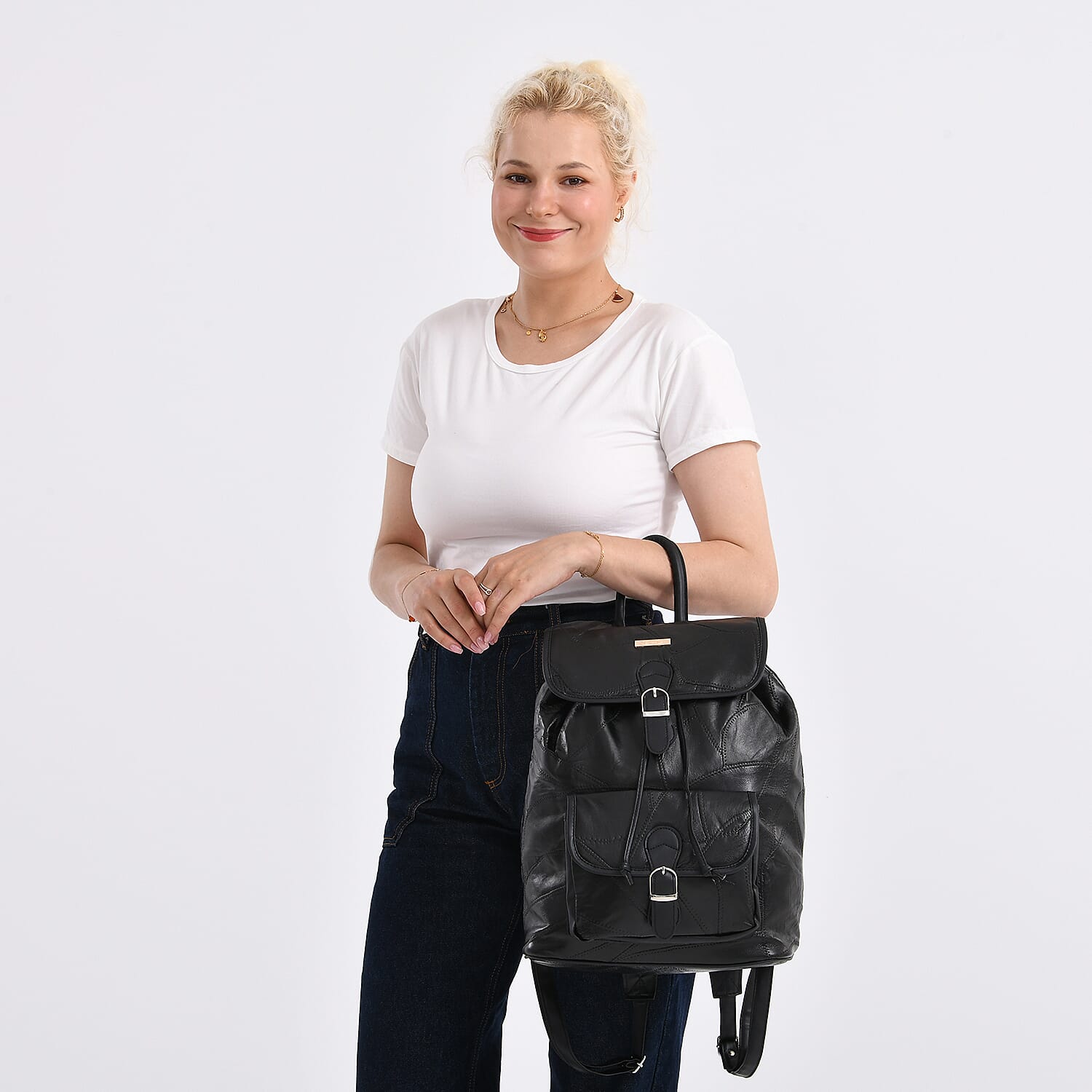 100%  Genuine Leather Classic Shoulder Large  Backpack - Black