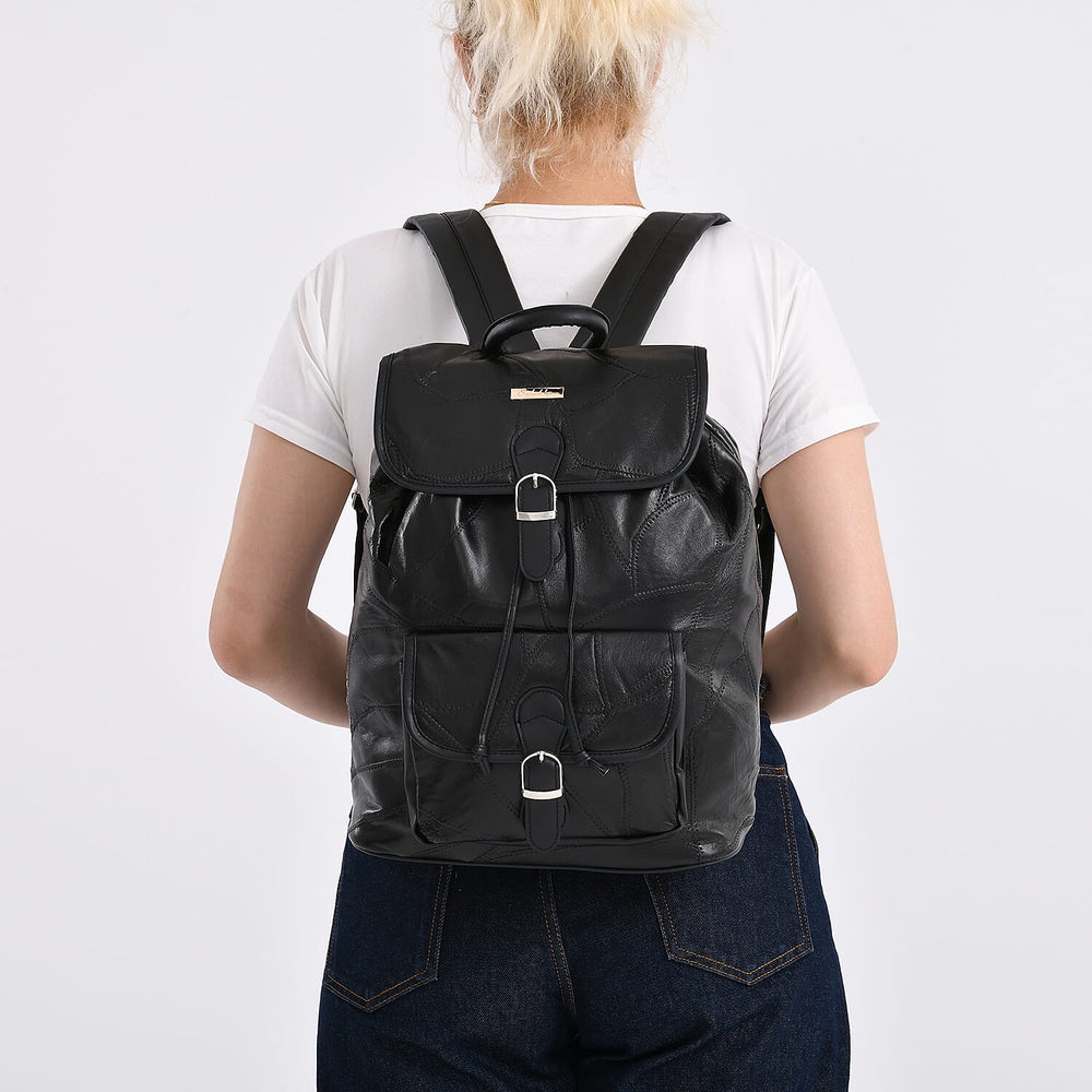100%  Genuine Leather Classic Shoulder Large  Backpack - Black