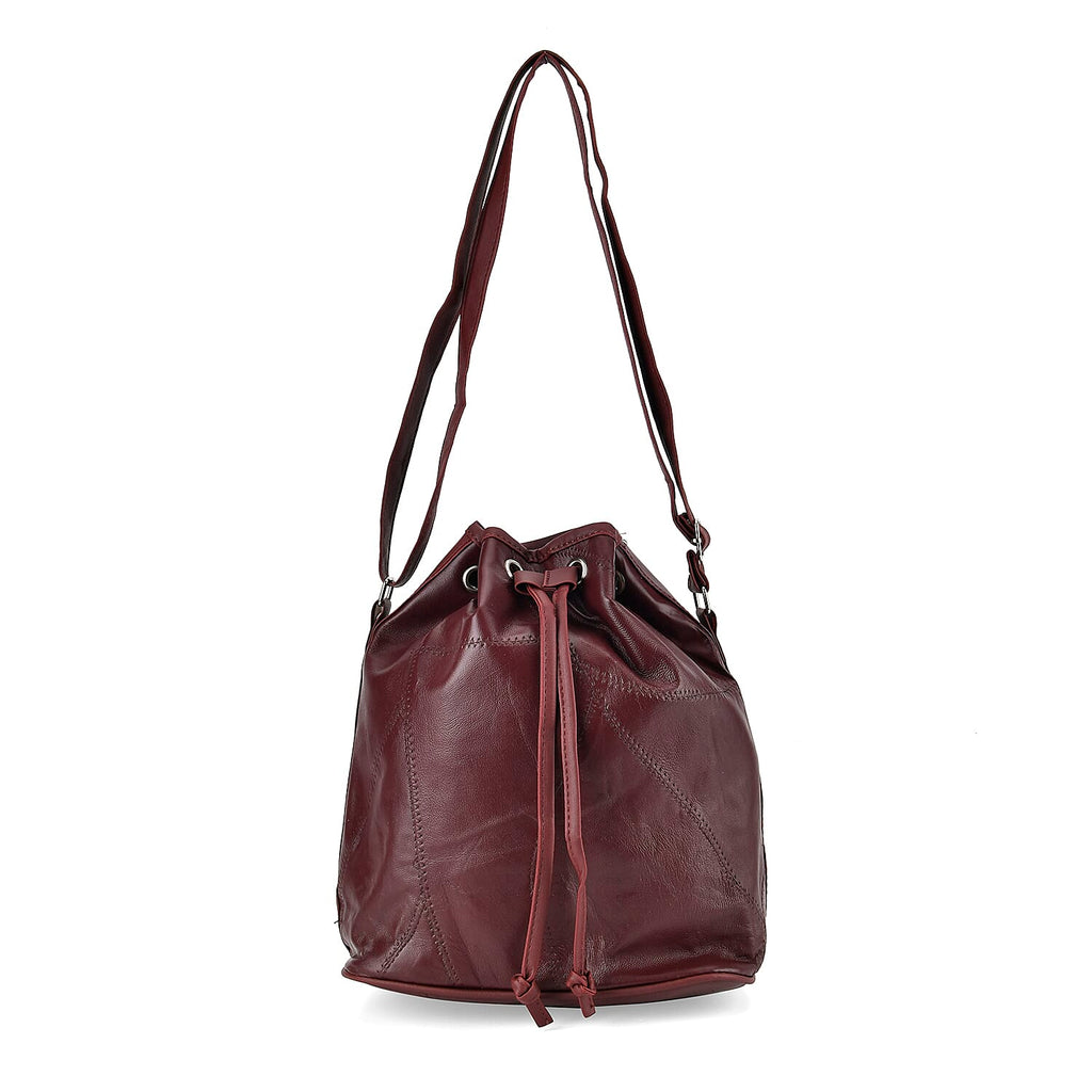 One Time Closeout - 100% Genuine  Leather Bucket Bag (Size 29x23x15 cm)(Size 29x23x15 cm) - Burgundy