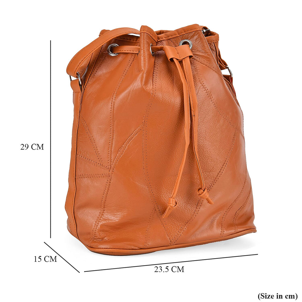 One Time Closeout - 100% Genuine  Leather Bucket Bag (Size 29x23x15 cm)(Size 29x23x15 cm) - Tan