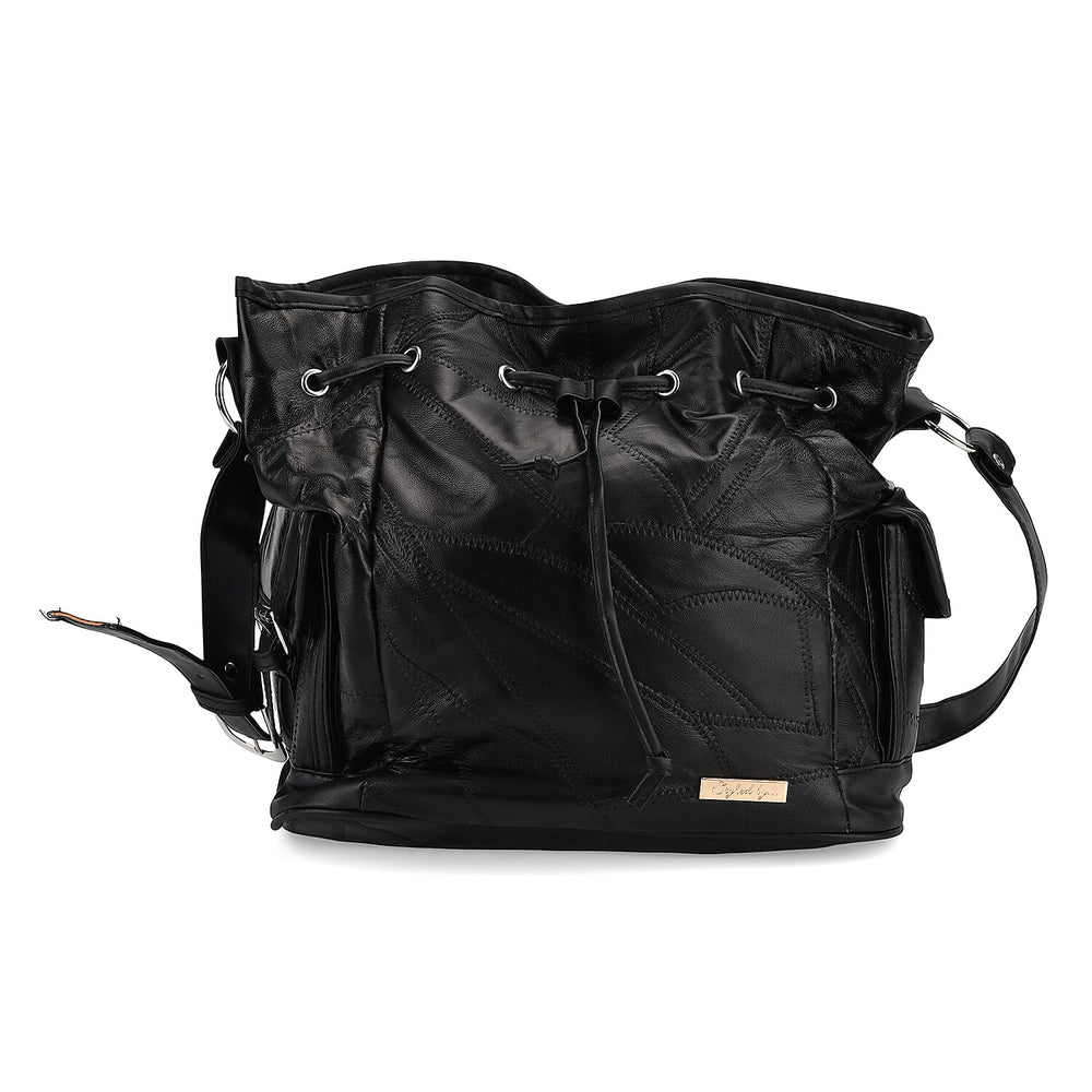 Designer Inspired - Styled by Patch Sheep Leather Bucket Bag with Drawstring - Black