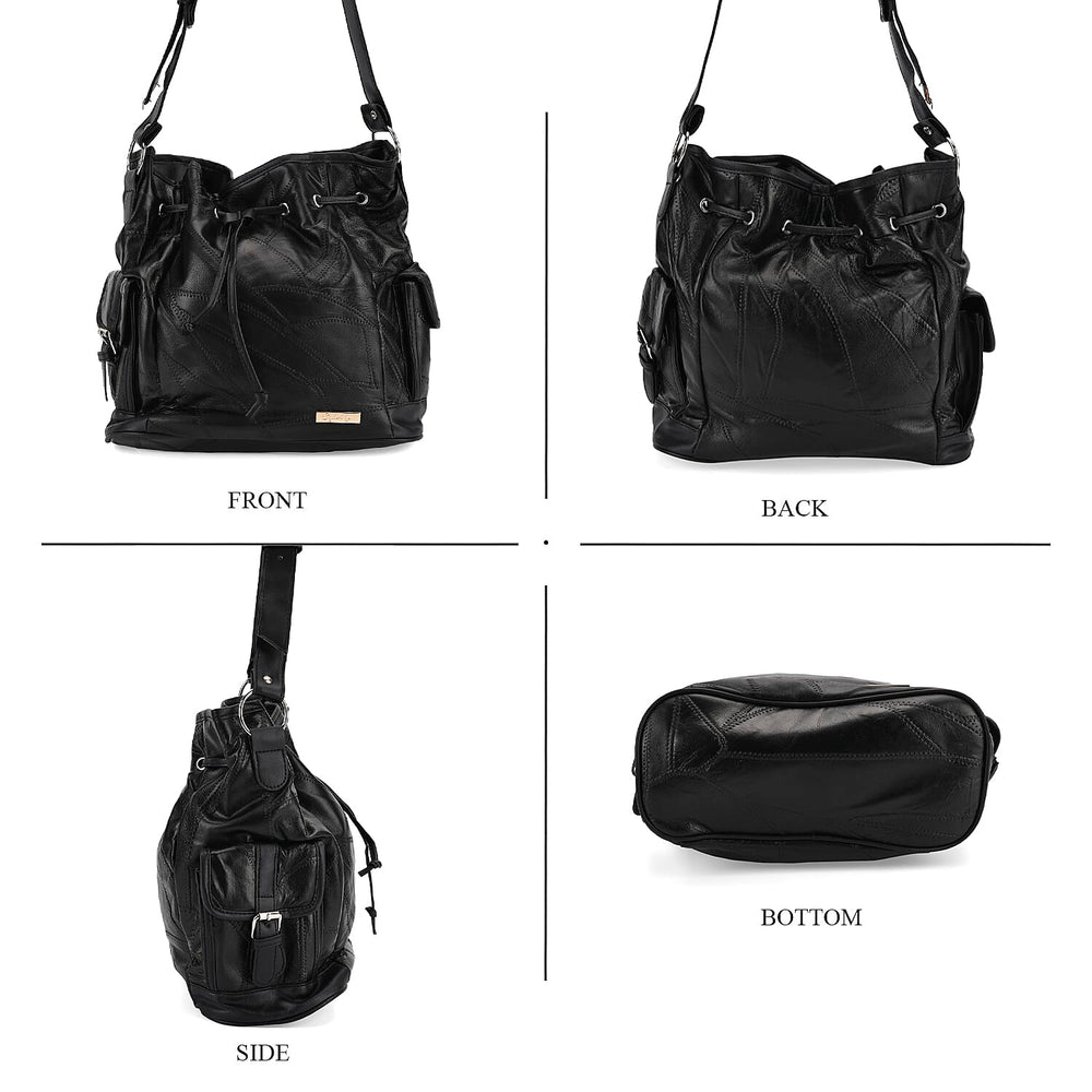 Designer Inspired - Styled by Patch Sheep Leather Bucket Bag with Drawstring - Black