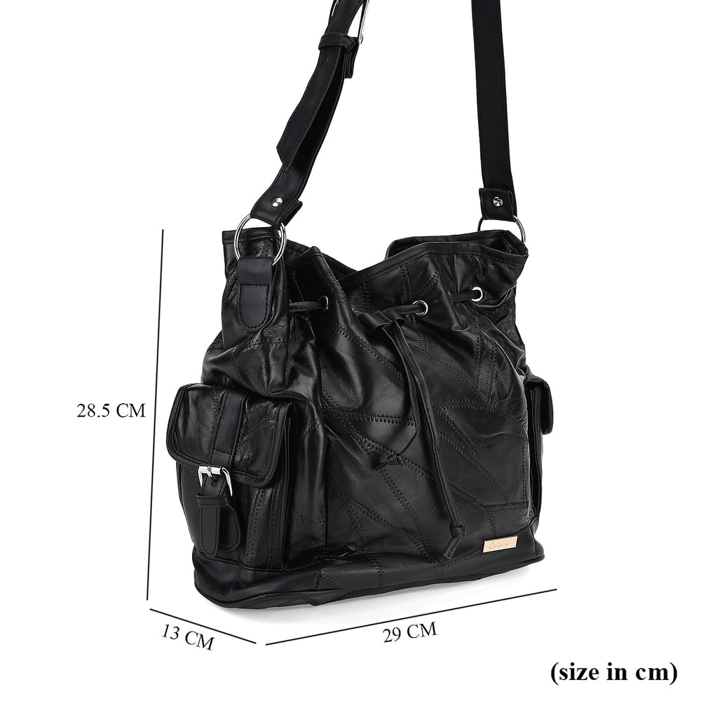 Designer Inspired - Styled by Patch Sheep Leather Bucket Bag with Drawstring - Black