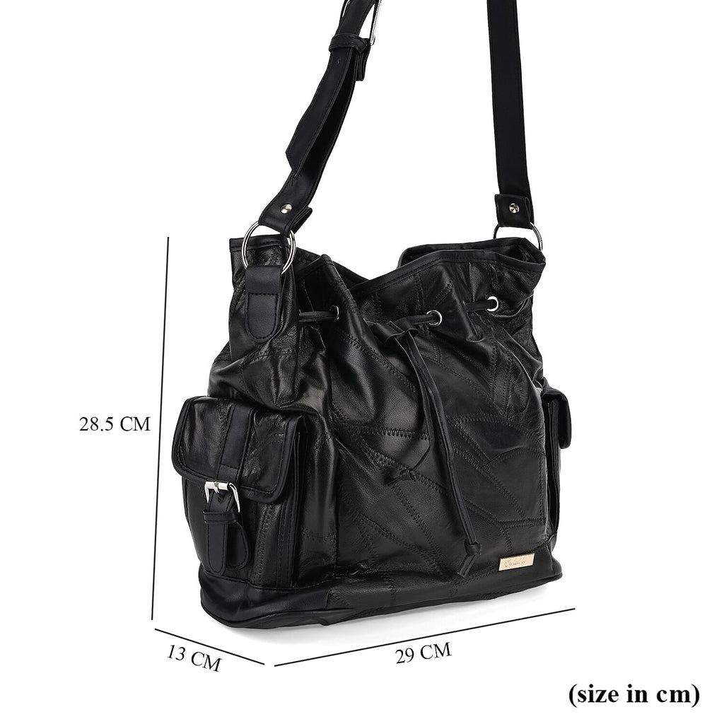 Designer Inspired - Styled by Patch Sheep Leather Bucket Bag with Drawstring - Black
