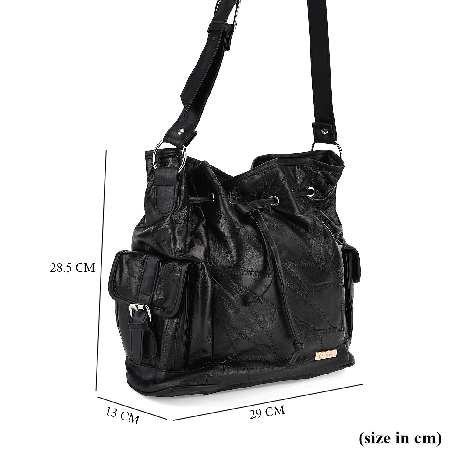 Designer Inspired - Styled by Patch Sheep Leather Bucket Bag with Drawstring - Black
