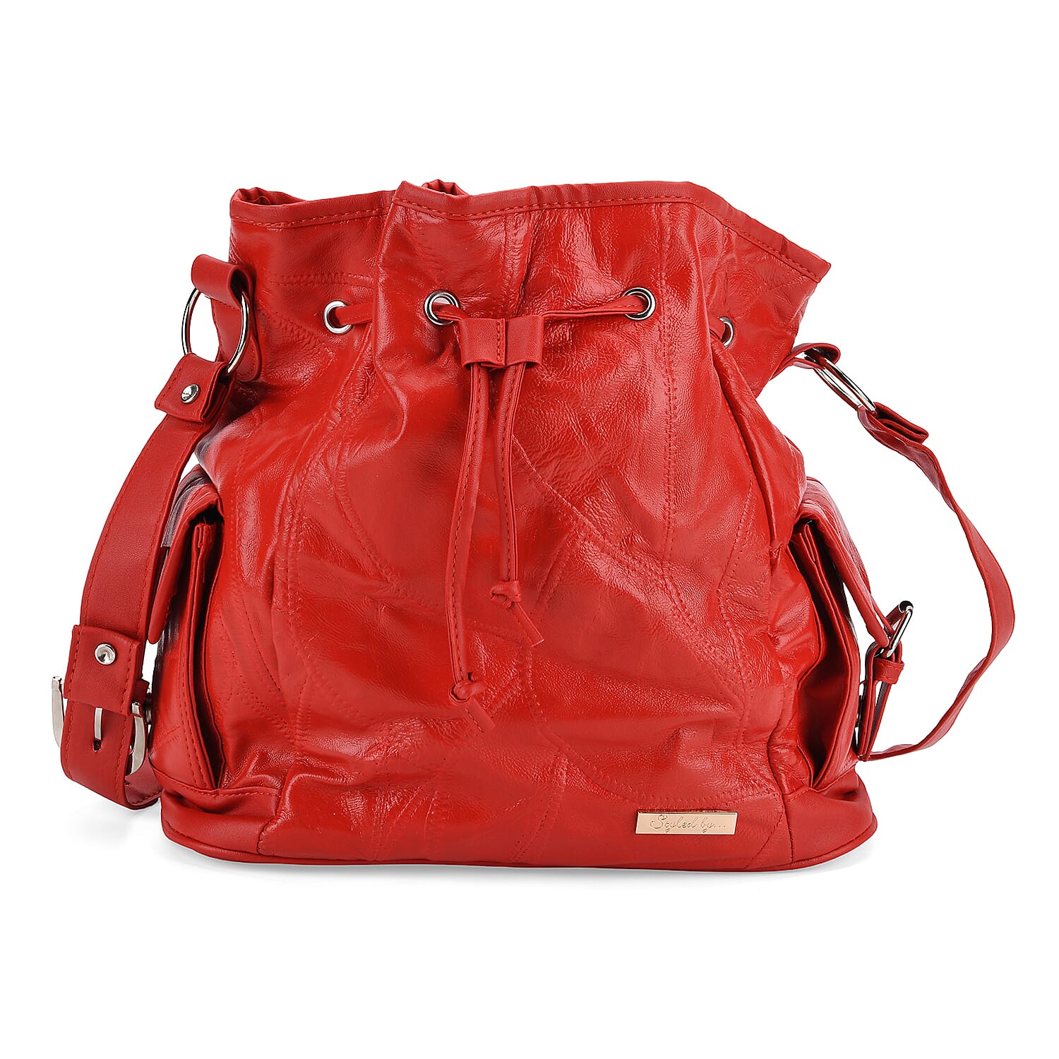Styled by Patch Sheep Leather Bucket Bag with Drawstring - Red