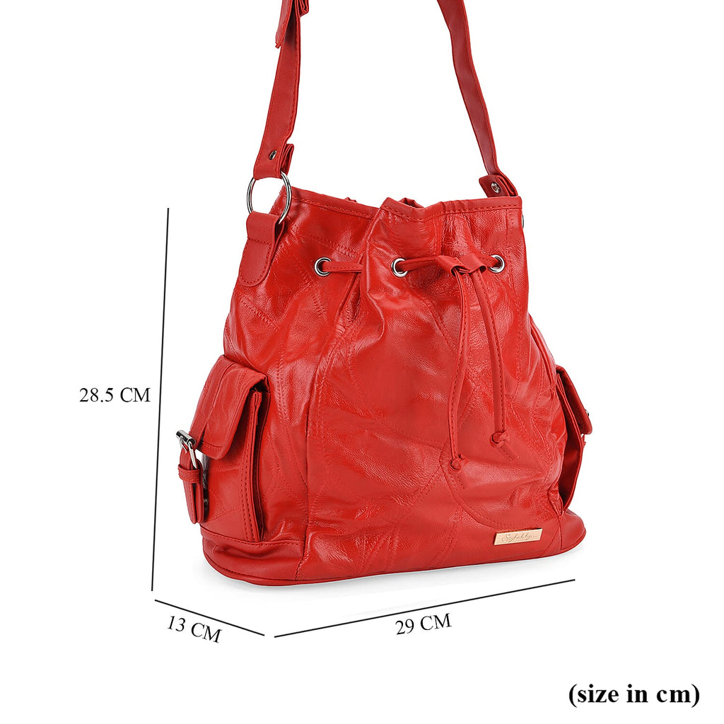 Styled by Patch Sheep Leather Bucket Bag with Drawstring - Red