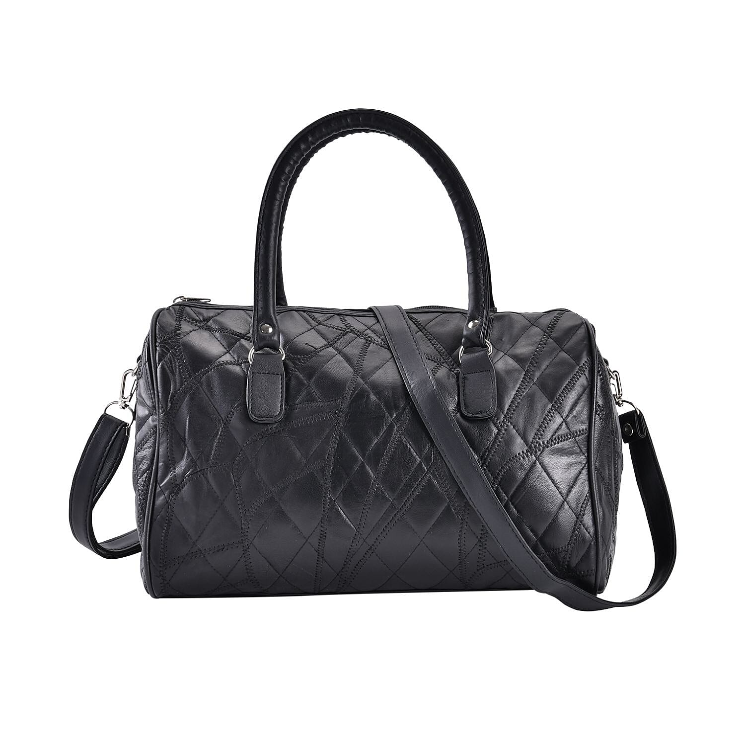 Genuine Leather Duffle Bag with Handle Drop - Black