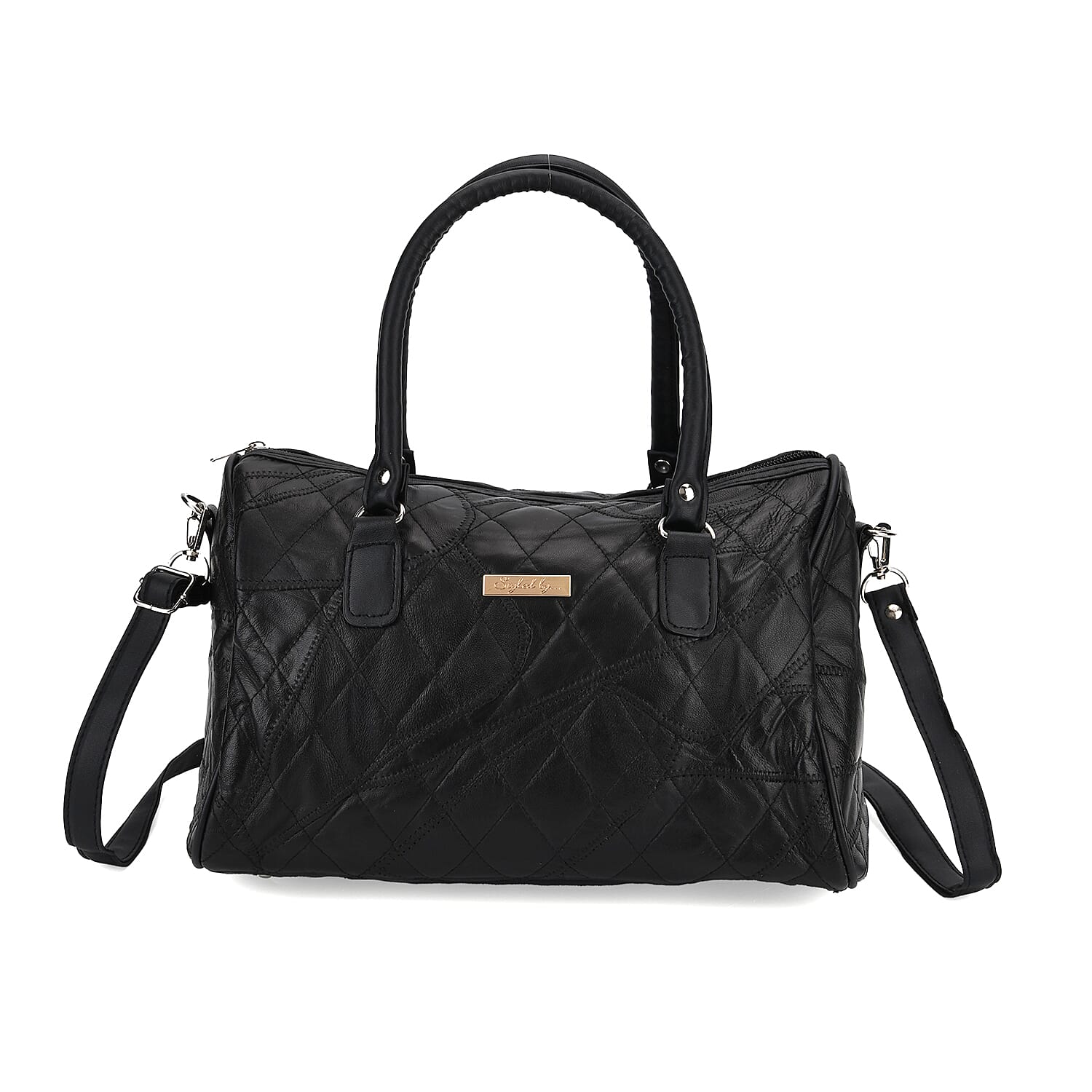Styled by - 100% Genuine Leather Handbag with Leather Shoulder Strap - Black