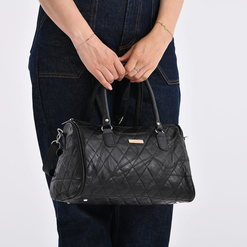 Styled by - 100% Genuine Leather Handbag with Leather Shoulder Strap - Black