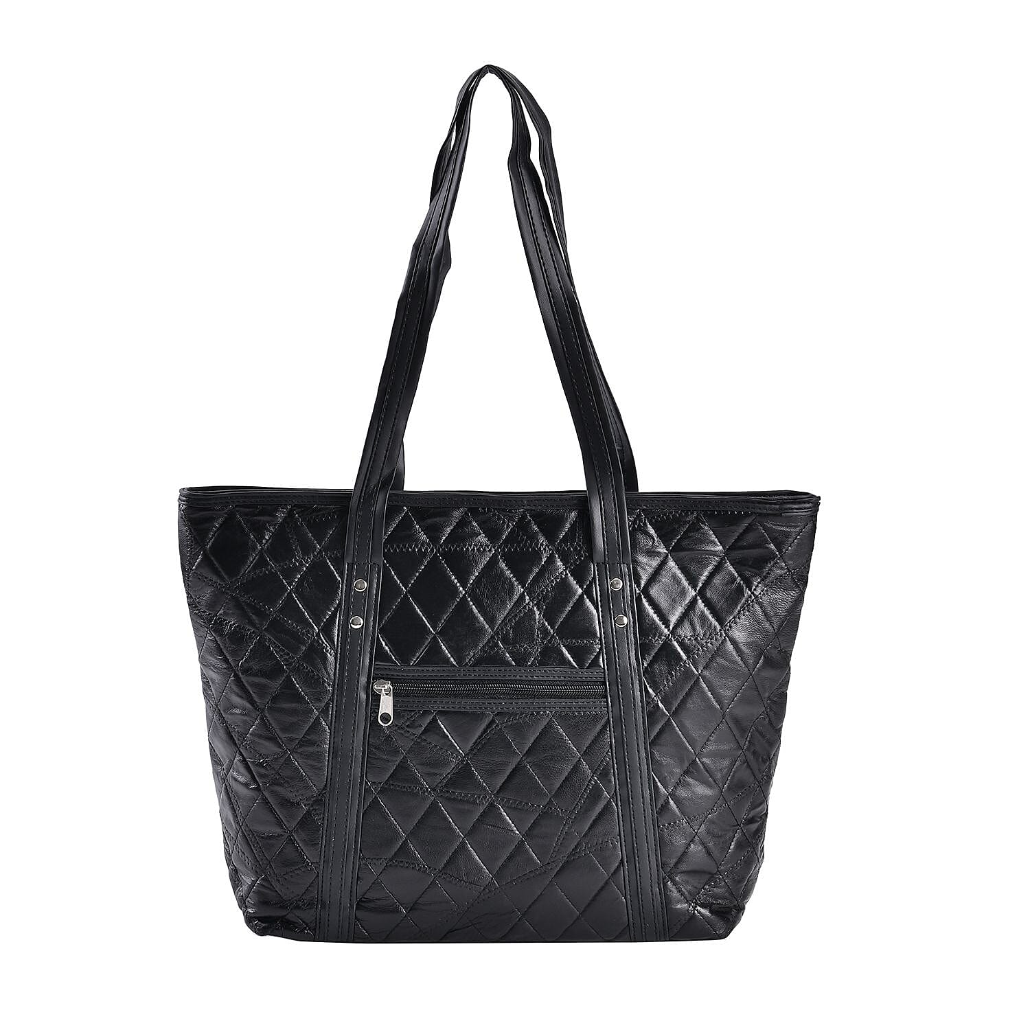 Quilted Pattern Genuine Leather Bag - Black