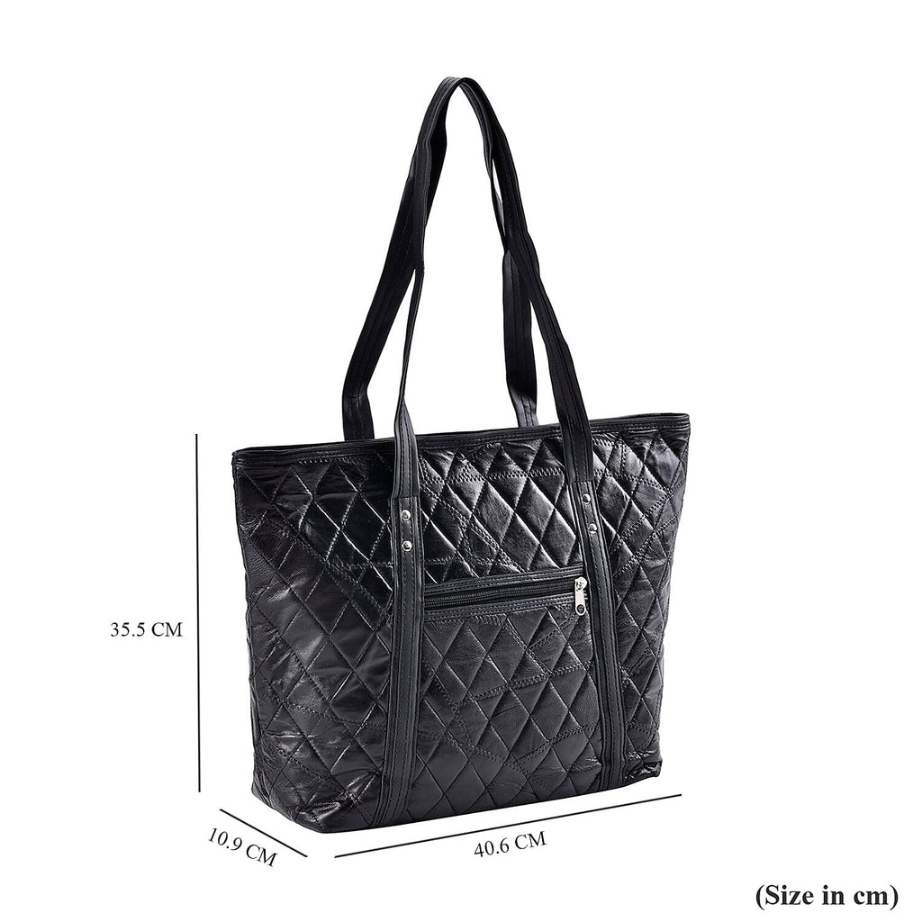 Quilted Pattern Genuine Leather Bag - Black