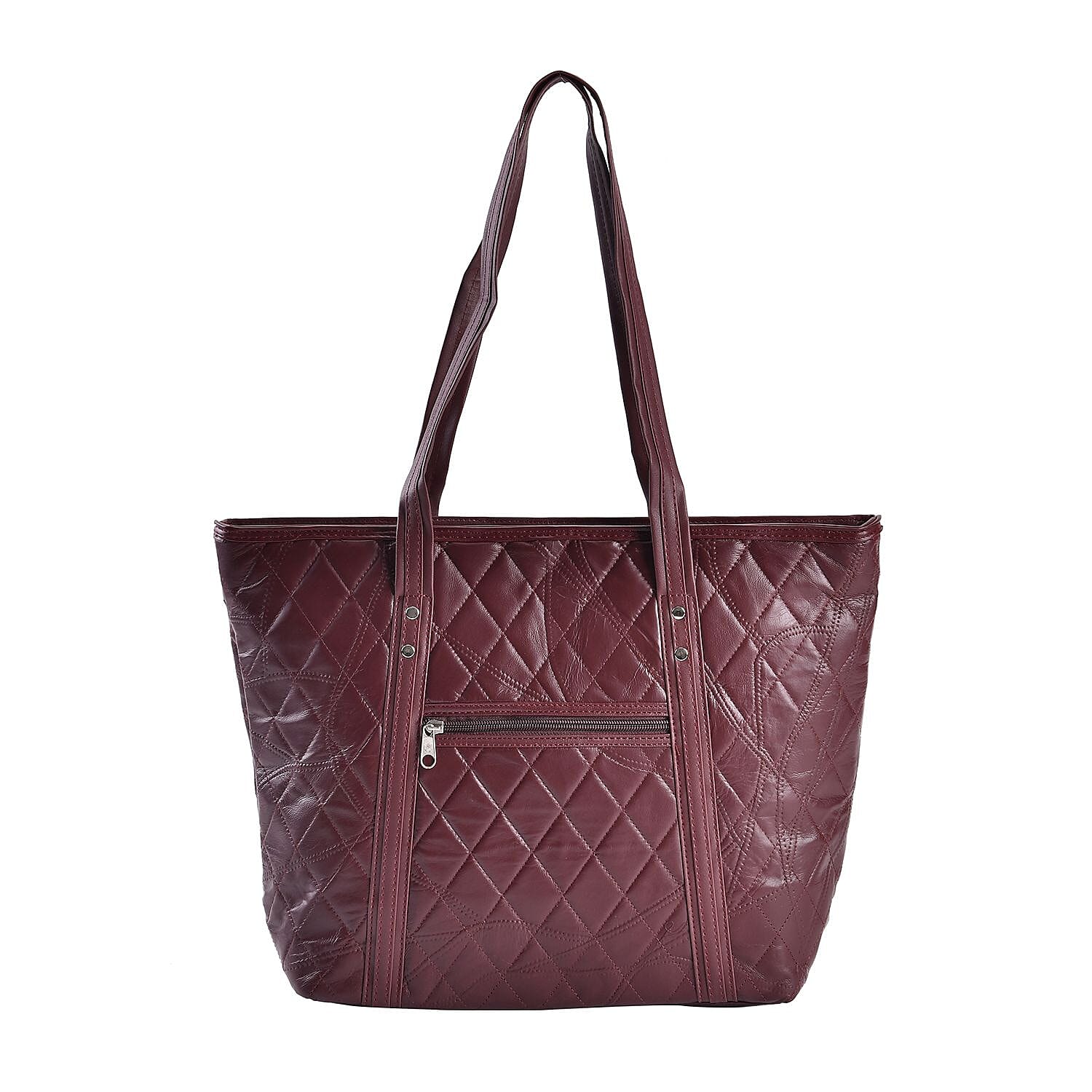 Quilted Pattern Genuine Leather Tote Bag - Wine