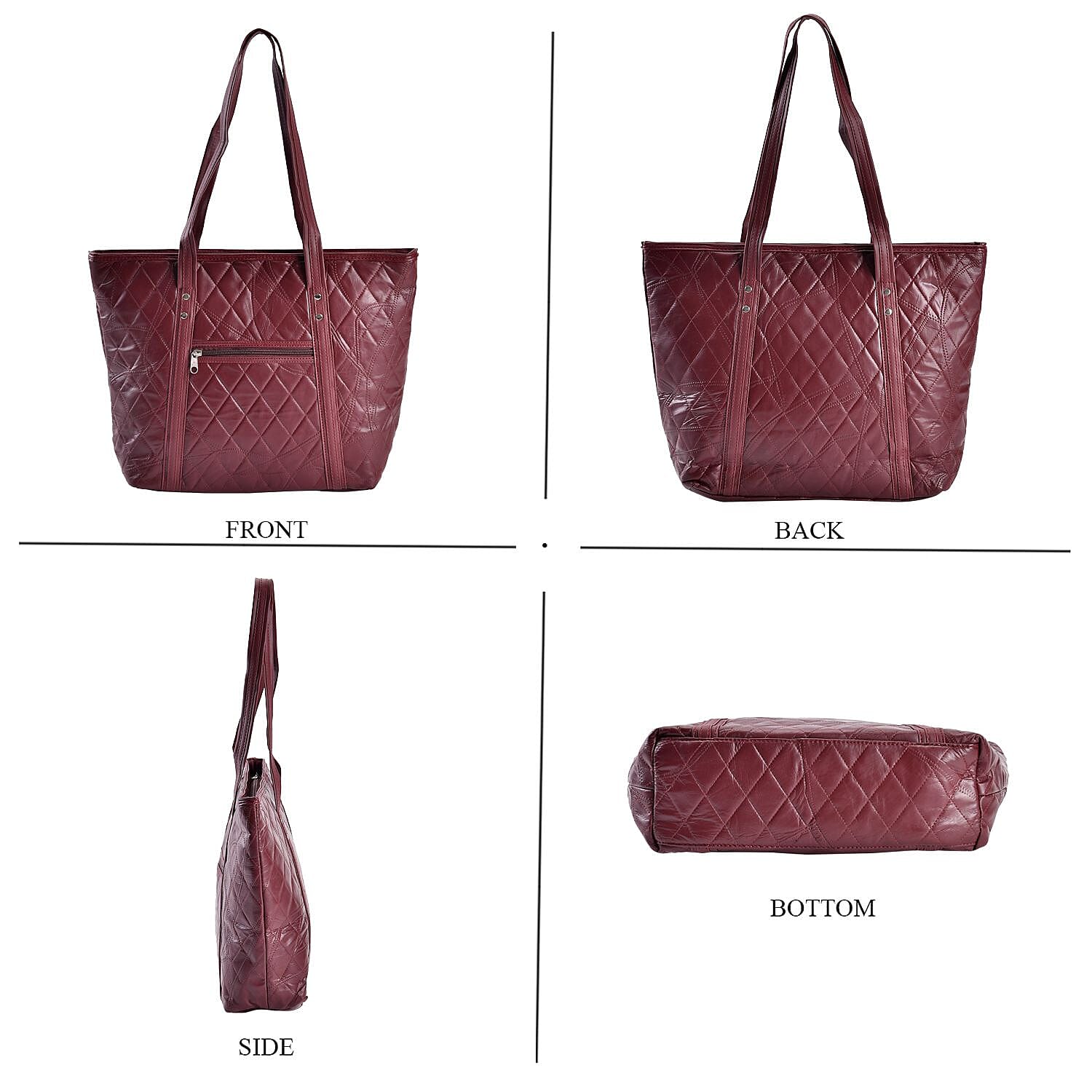 Quilted Pattern Genuine Leather Tote Bag - Wine