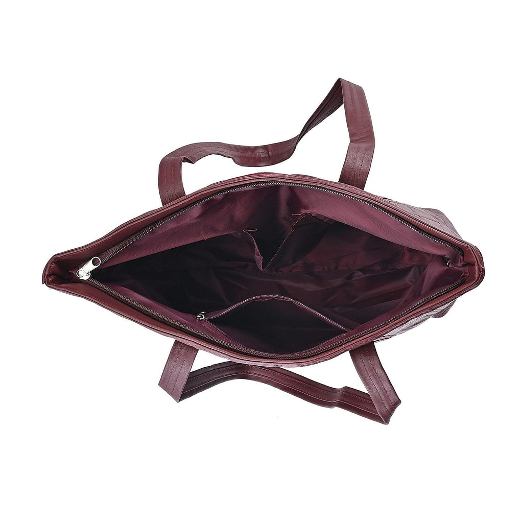 Quilted Pattern Genuine Leather Tote Bag - Wine