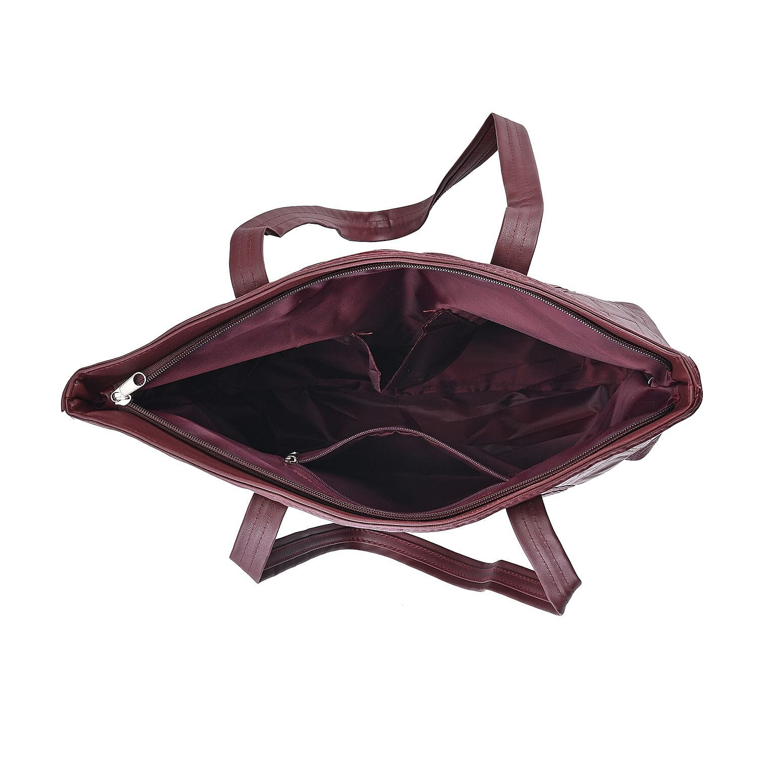 Quilted Pattern Genuine Leather Tote Bag - Wine