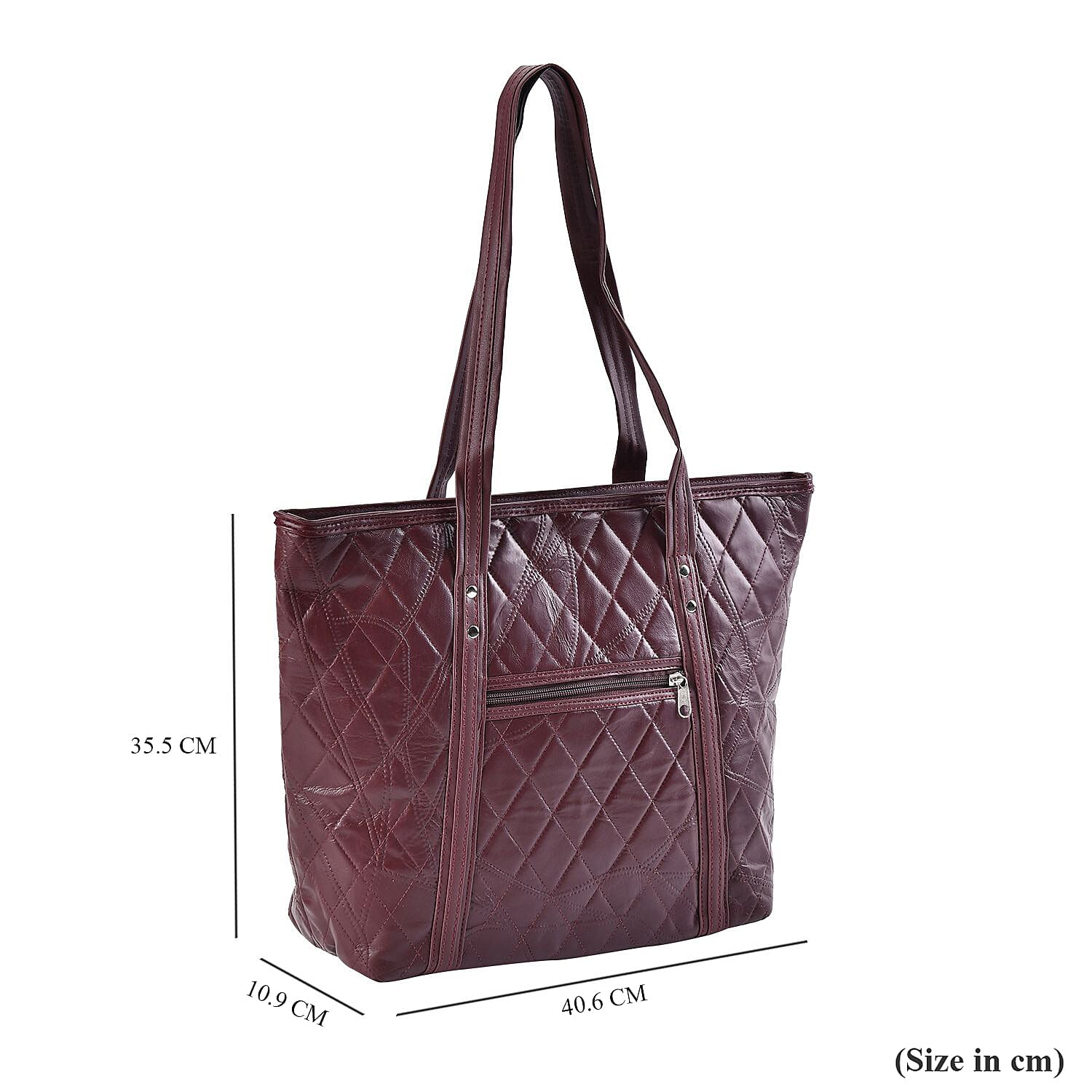 Quilted Pattern Genuine Leather Tote Bag - Wine