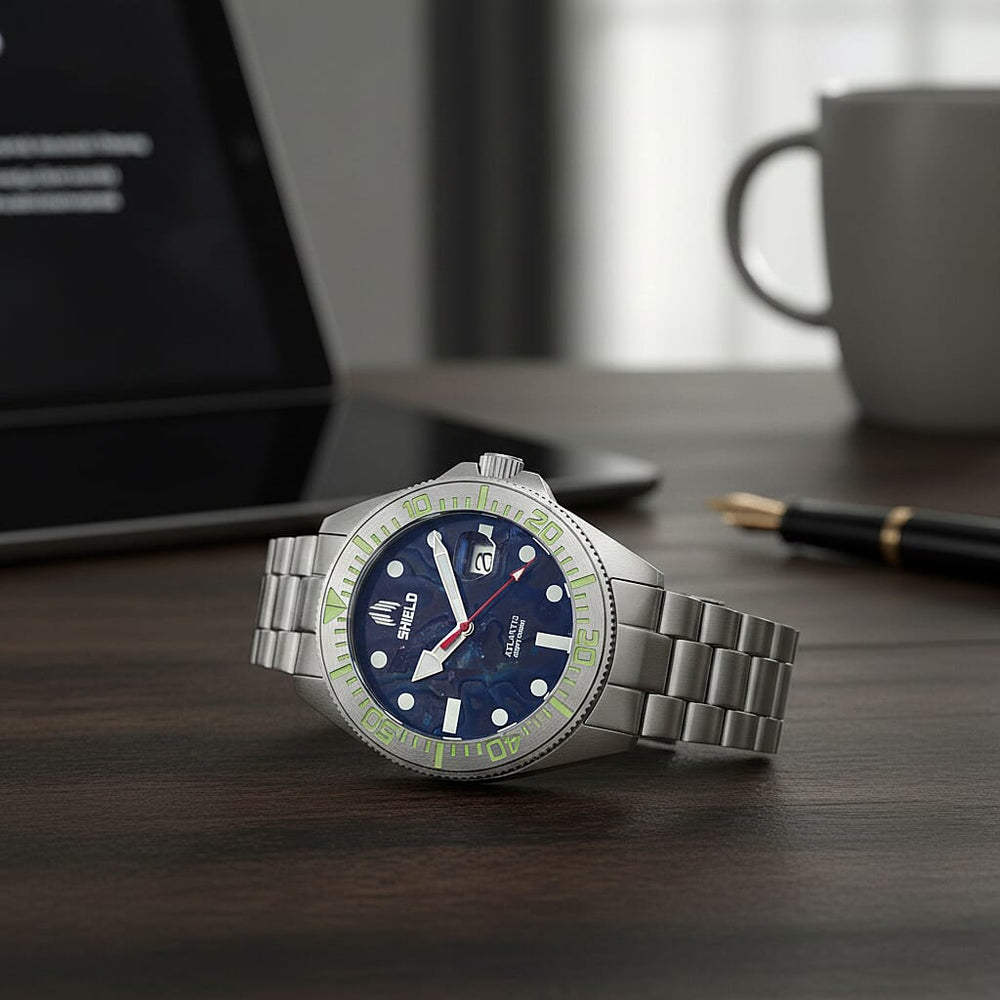 Shield Atlantis Automatic Movt. 20ATM Water Resistance Black Dial Mens Watch with Silver Colour Stainless Steel Strap
