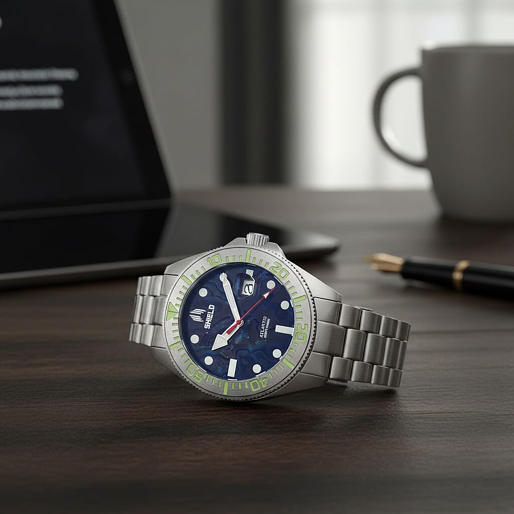 Shield Atlantis Automatic Movt. 20ATM Water Resistance Black Dial Mens Watch with Silver Colour Stainless Steel Strap