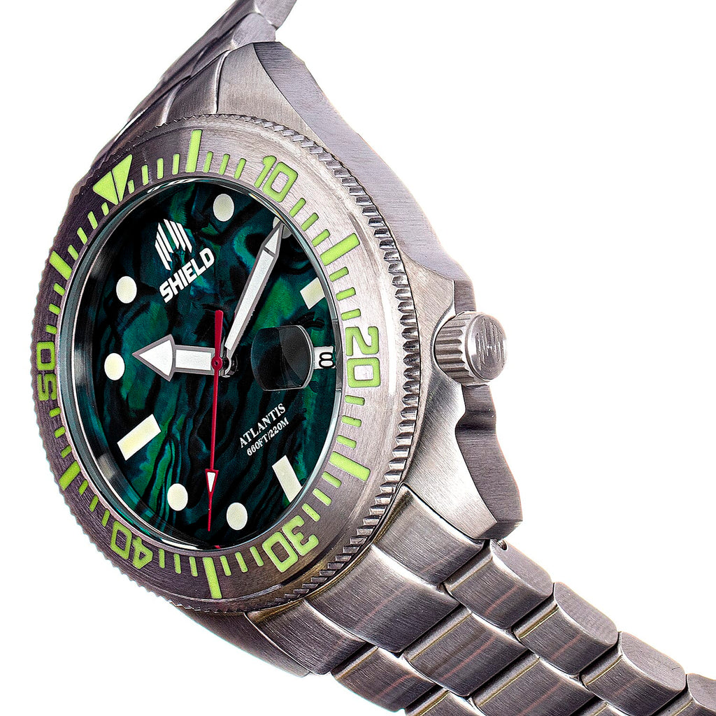 Shield Atlantis Automatic Movt. 20ATM Water Resistance Black Dial Mens Watch with Silver Colour Stainless Steel Strap