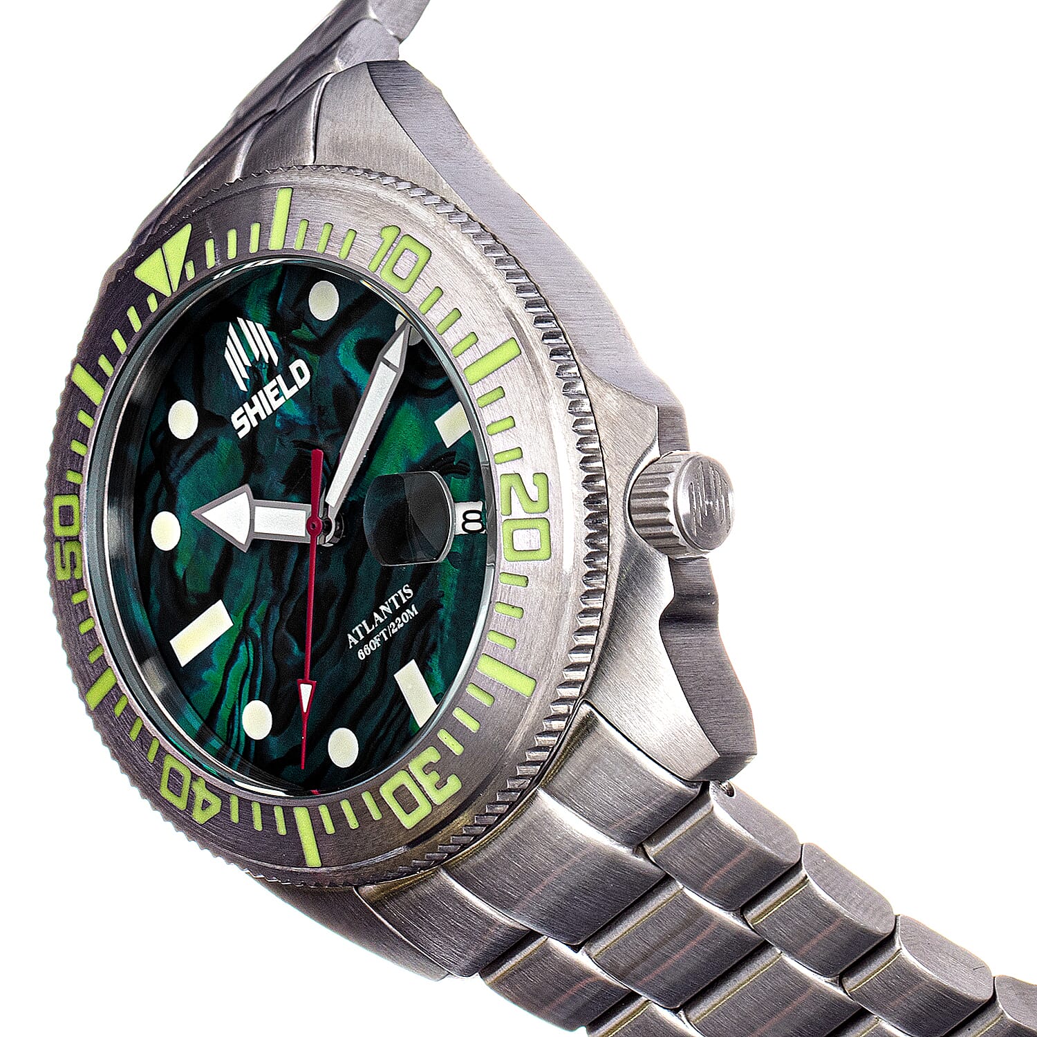Shield Atlantis Automatic Movt. 20ATM Water Resistance Black Dial Mens Watch with Silver Colour Stainless Steel Strap