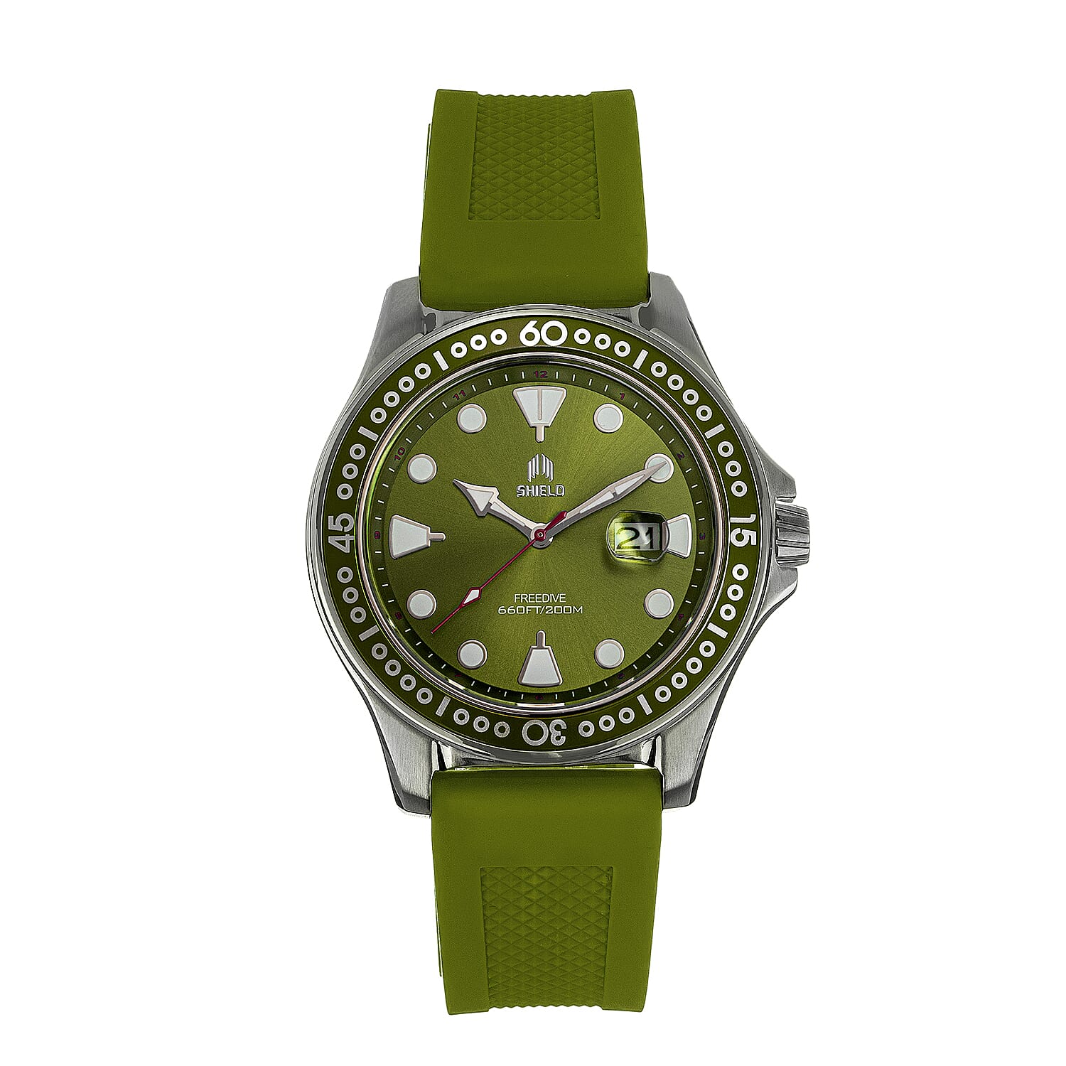 SHIELD Freedive Quartz Movt. Green Dial 20 ATM WR Mens Watch with Green Silicone Strap