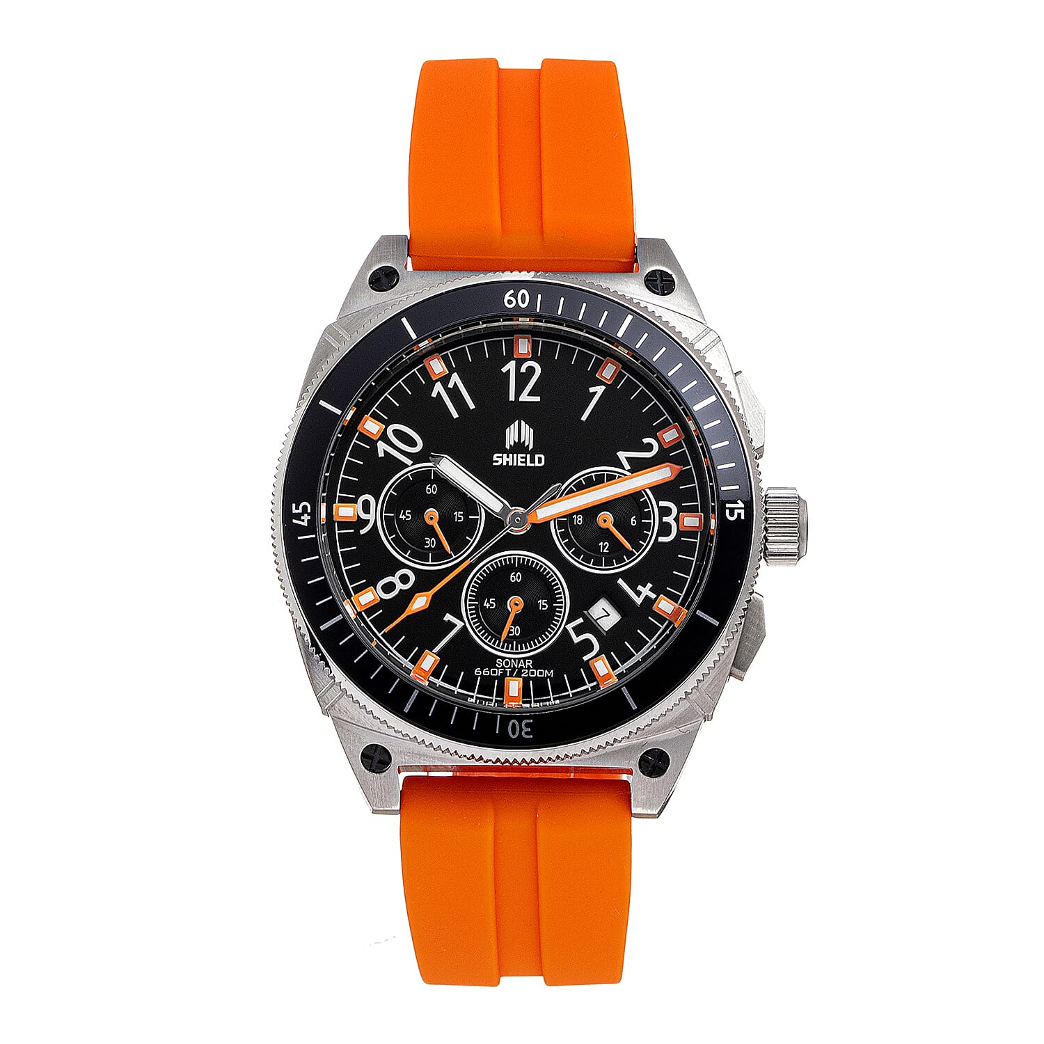 SHIELD Sonar Quartz Movt. Black Dial Silver Crown 20 ATM WR Mens Watch with Orange Rubber Strap