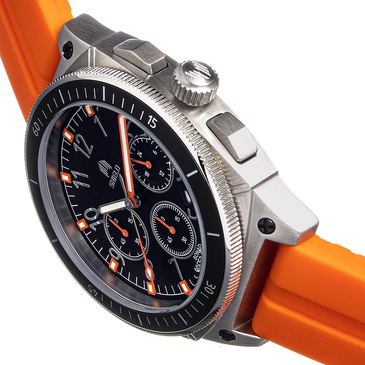 SHIELD Sonar Quartz Movt. Black Dial Silver Crown 20 ATM WR Mens Watch with Orange Rubber Strap