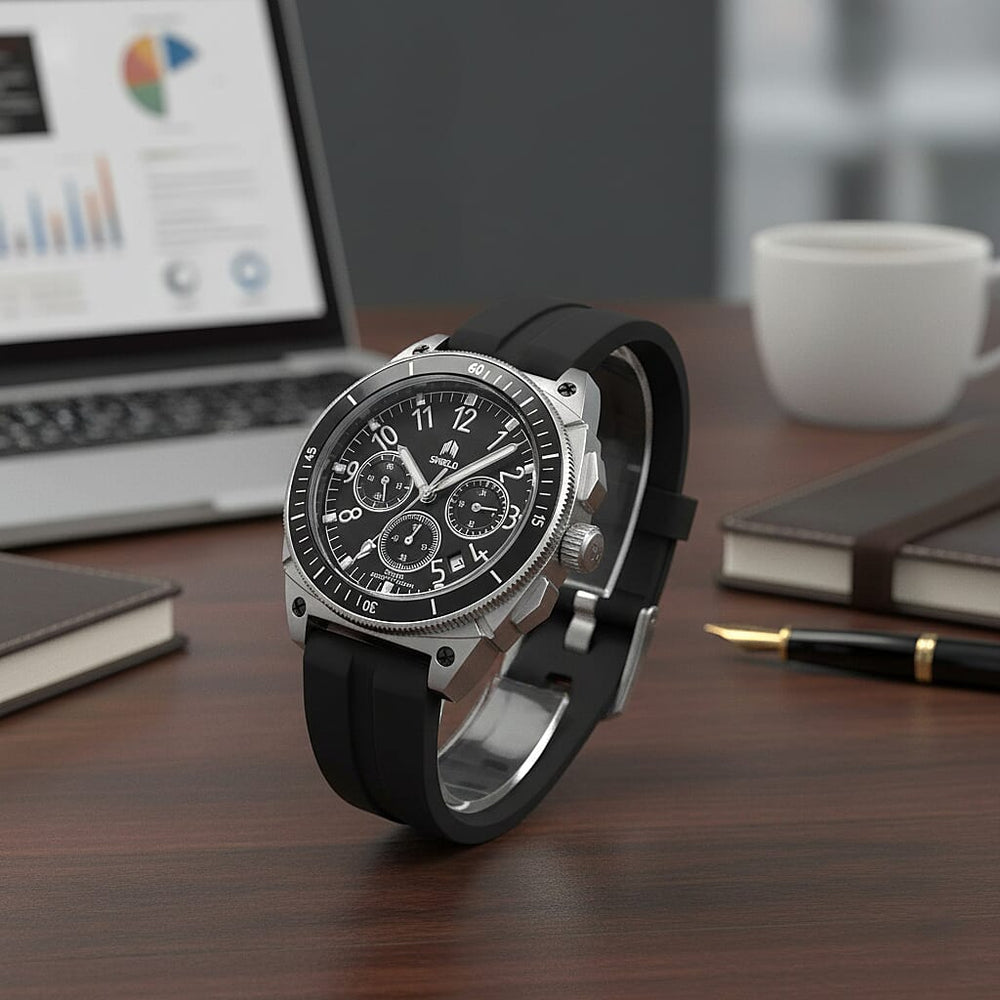 Shield Sonar Quartz Movt. 20ATM Water Resistance Black Dial Mens Watch with Black Strap