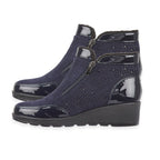 Shoetree Comfort Sadie Ladies Warm Lined Faux Sherpa Wedge Ankle Boot With Twin Zips - Diamante Trim (Size 4) - Navy