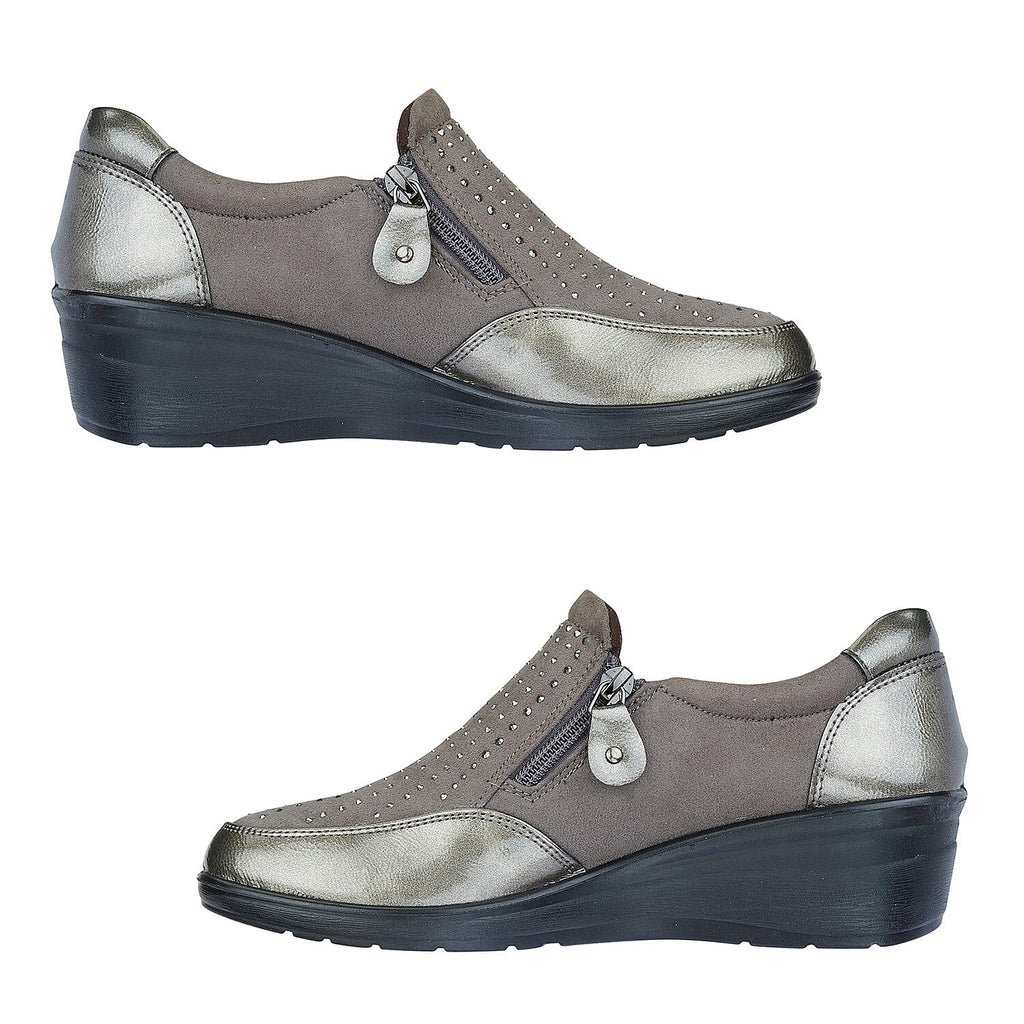 Shoertee Jessica Metallic Cap Toe Wedge Slip-On Shoes (Size 4) - Pewter