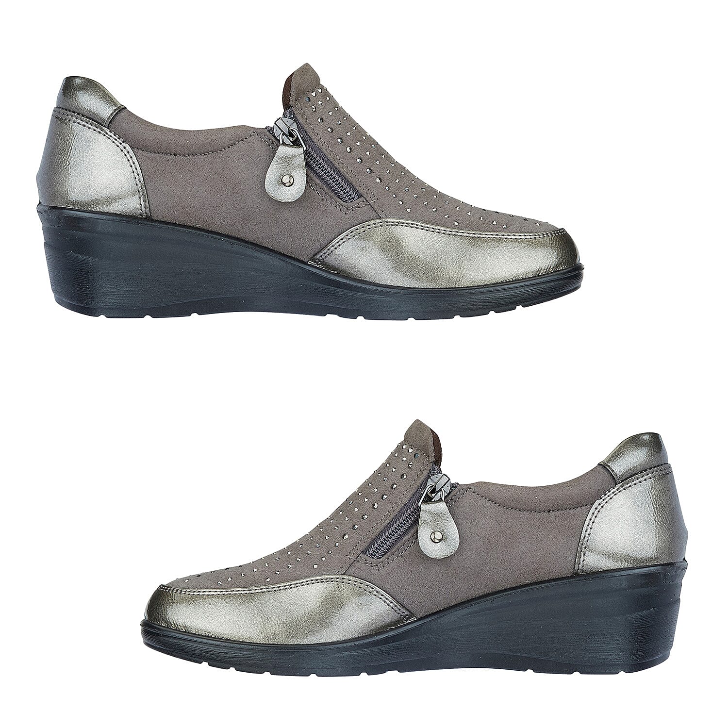 Shoertee Jessica Metallic Cap Toe Wedge Slip-On Shoes (Size 4) - Pewter