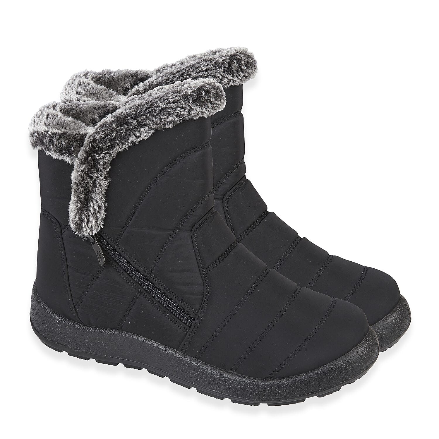 Shoetree Comfort Ladies Hawthorn Quilted Faux-Fur Lined Ankle Boots With Side Zip (Size 5) - Black
