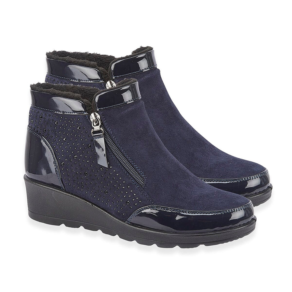 Shoetree Comfort Sadie Ladies Warm Lined Faux Sherpa Wedge Ankle Boot With Twin Zips - Diamante Trim (Size 5) - Navy