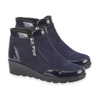 Shoetree Comfort Sadie Ladies Warm Lined Faux Sherpa Wedge Ankle Boot With Twin Zips - Diamante Trim (Size 5) - Navy