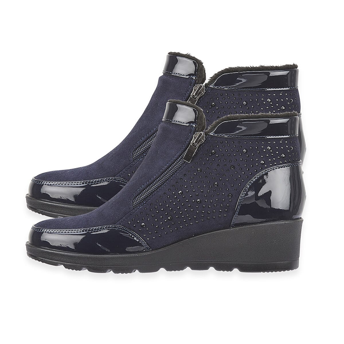 Shoetree Comfort Sadie Ladies Warm Lined Faux Sherpa Wedge Ankle Boot With Twin Zips - Diamante Trim (Size 5) - Navy