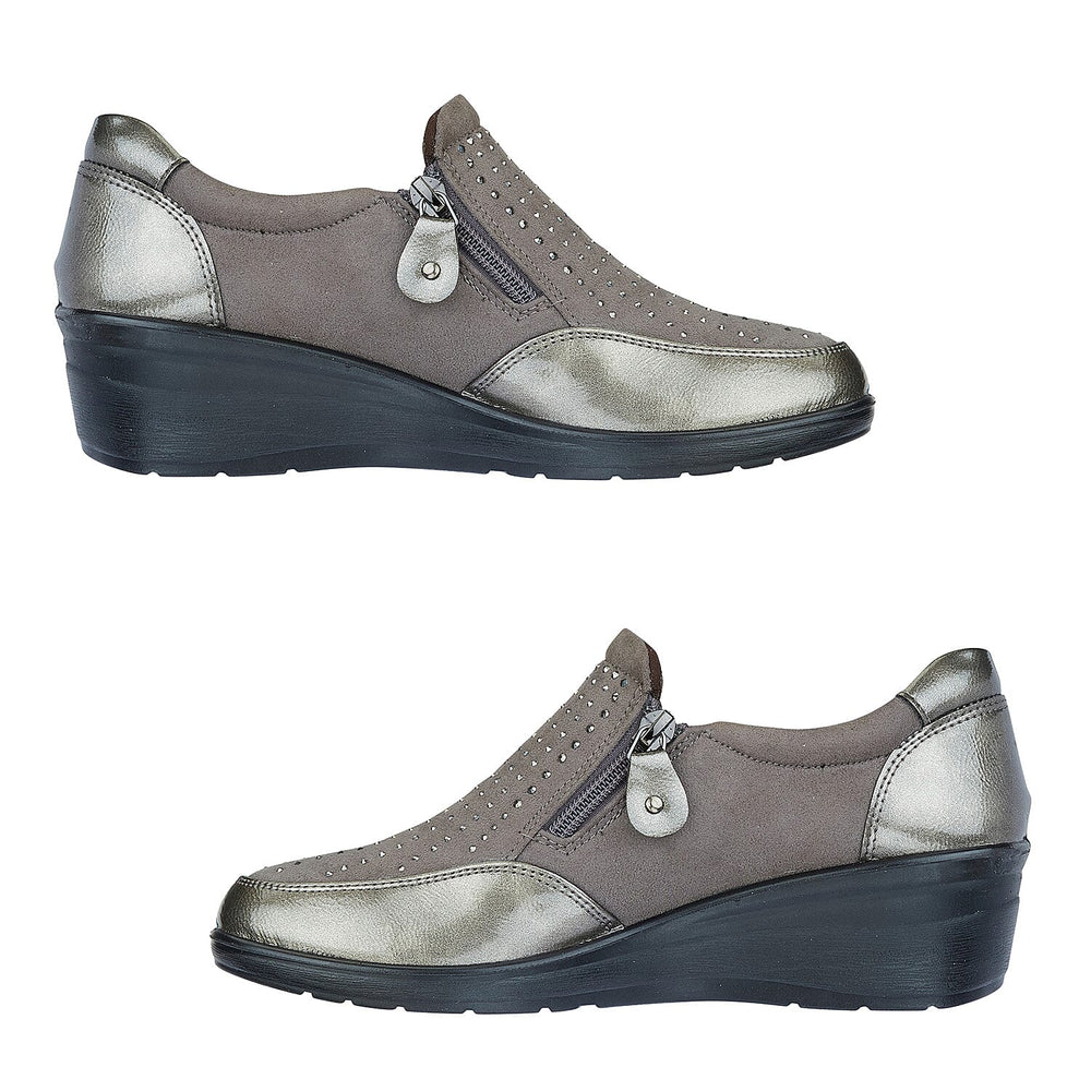 Shoertee Jessica Metallic Cap Toe Wedge Slip-On Shoes (Size 6) - Pewter