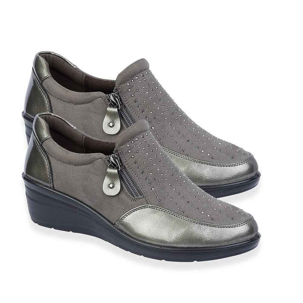Shoertee Jessica Metallic Cap Toe Wedge Slip-On Shoes (Size 6) - Pewter