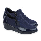 Shoertee Jessica Metallic Cap Toe Wedge Slip-On Shoes (Size 8) - Navy