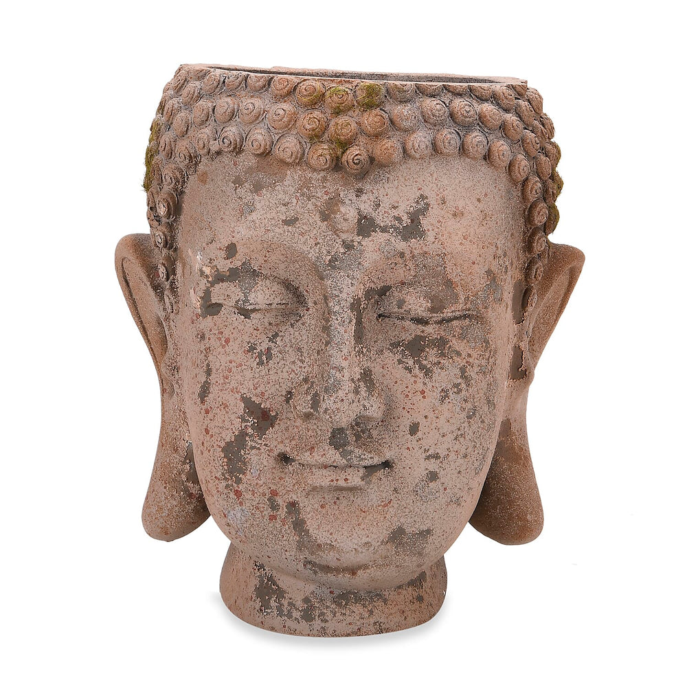 Antiqued Serene Buddha Face Plant Pot - Garden Decoration (17.5x17x20cm) Brown