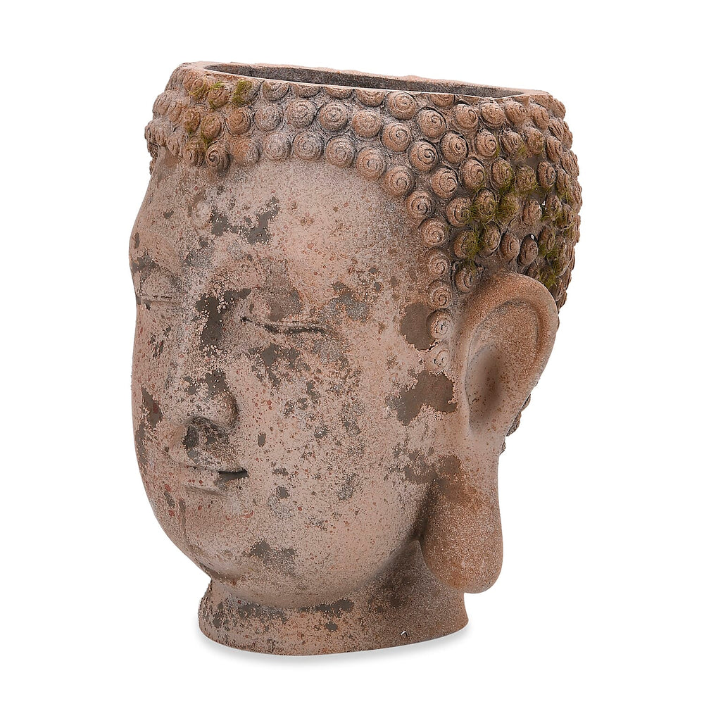 Antiqued Serene Buddha Face Plant Pot - Garden Decoration (17.5x17x20cm) Brown