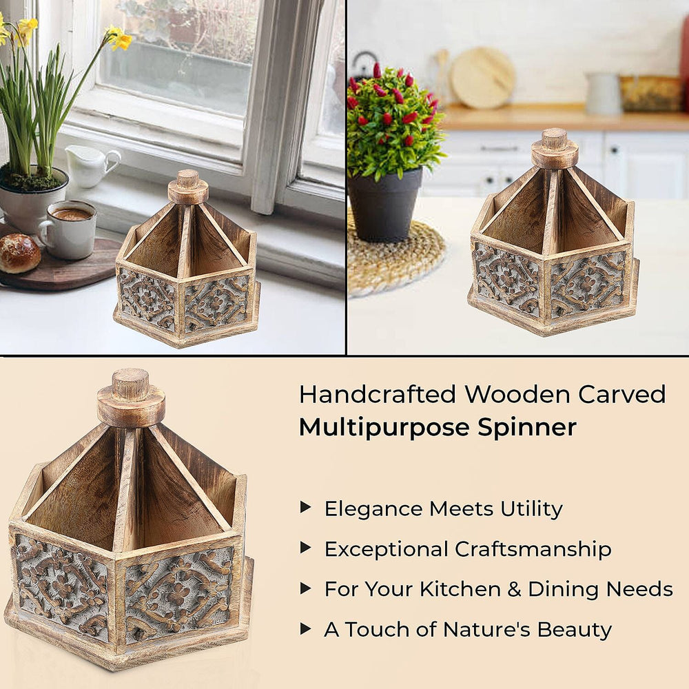 Handcarved Multipurpose Mango Wood Spinner Organizer (Size 24x22x21 cm)