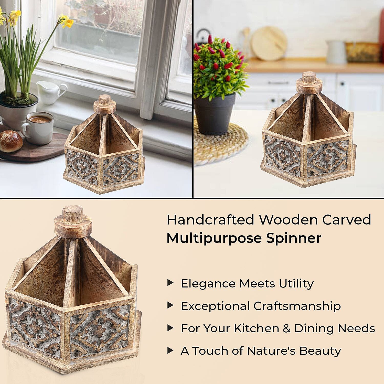 Handcarved Multipurpose Mango Wood Spinner Organizer (Size 24x22x21 cm)