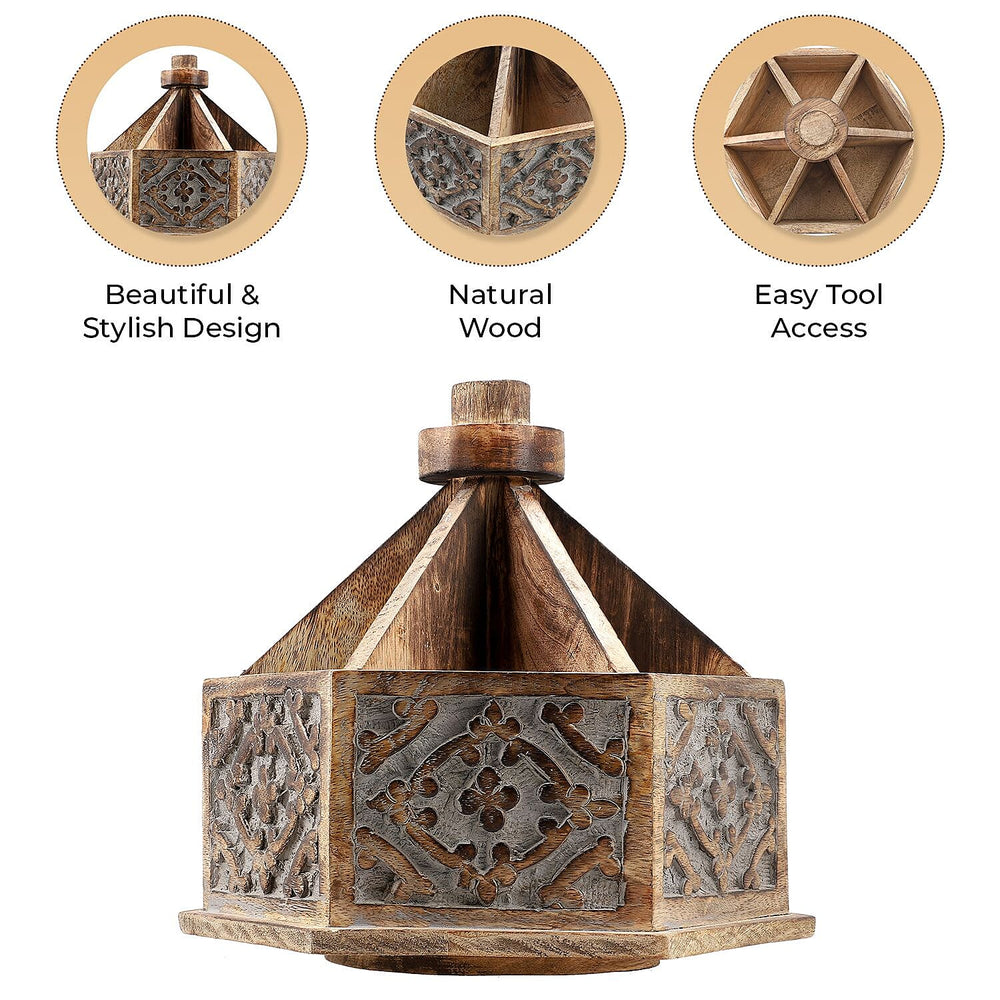 Handcarved Multipurpose Mango Wood Spinner Organizer (Size 24x22x21 cm)