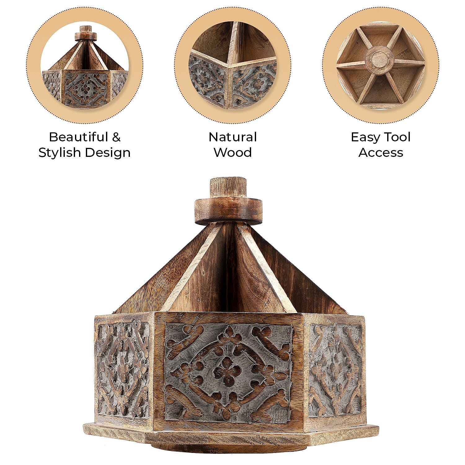 Handcarved Multipurpose Mango Wood Spinner Organizer (Size 24x22x21 cm)