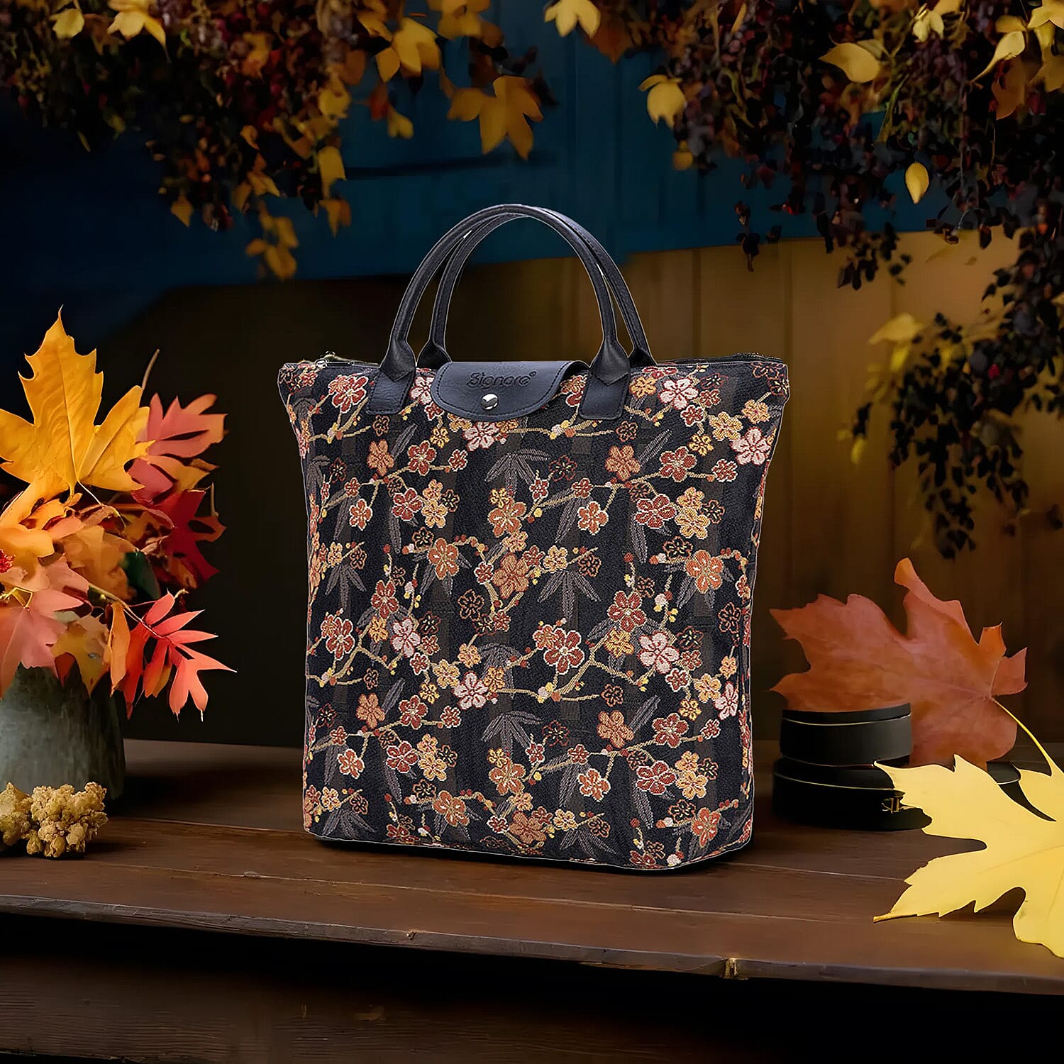 Signare Tapestry Foldaway Bag - Ume Sakura - Gold & Black