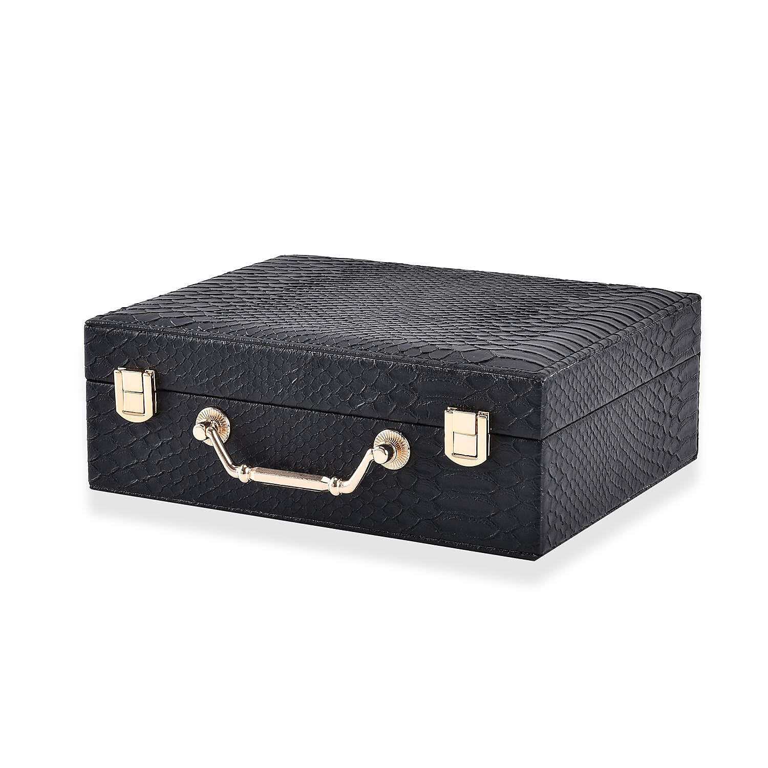 Set of 2 Leatherette Snake Skin Pattern Jewellery Box (Size Large-Small) - Black