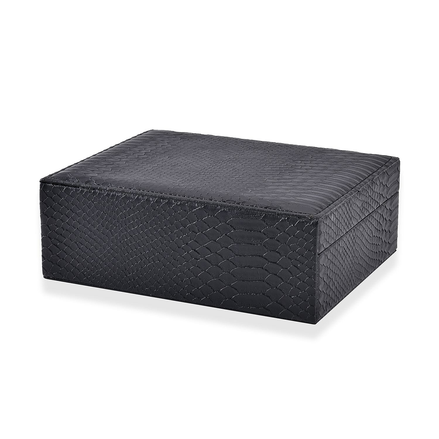 Set of 2 Leatherette Snake Skin Pattern Jewellery Box (Size Large-Small) - Black