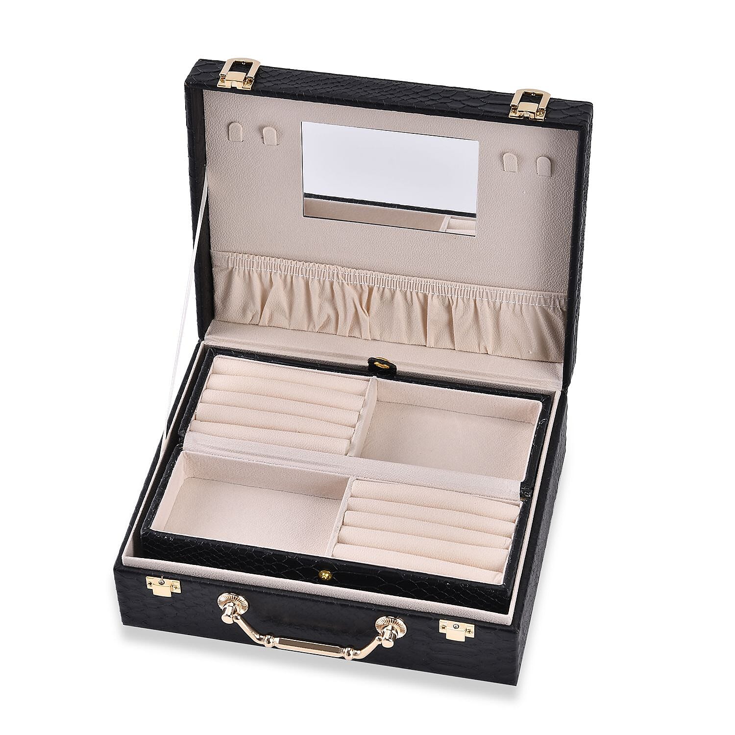 Set of 2 Leatherette Snake Skin Pattern Jewellery Box (Size Large-Small) - Black